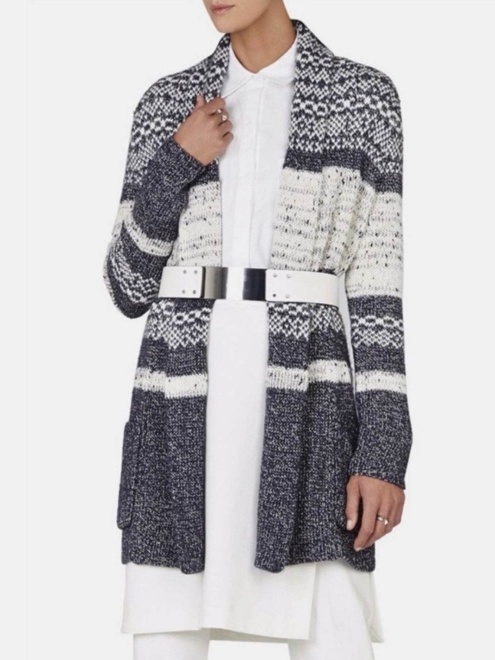 BCBGMaxAzria Black & White Striped Open-Front Cardigan - Picture 2 of 9